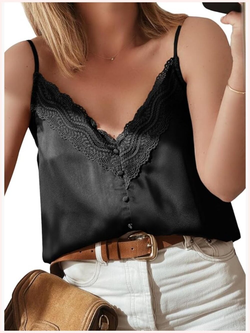 Women's Satin V-Neck Lace Trim Button Cami Spaghetti Strap Tank Top